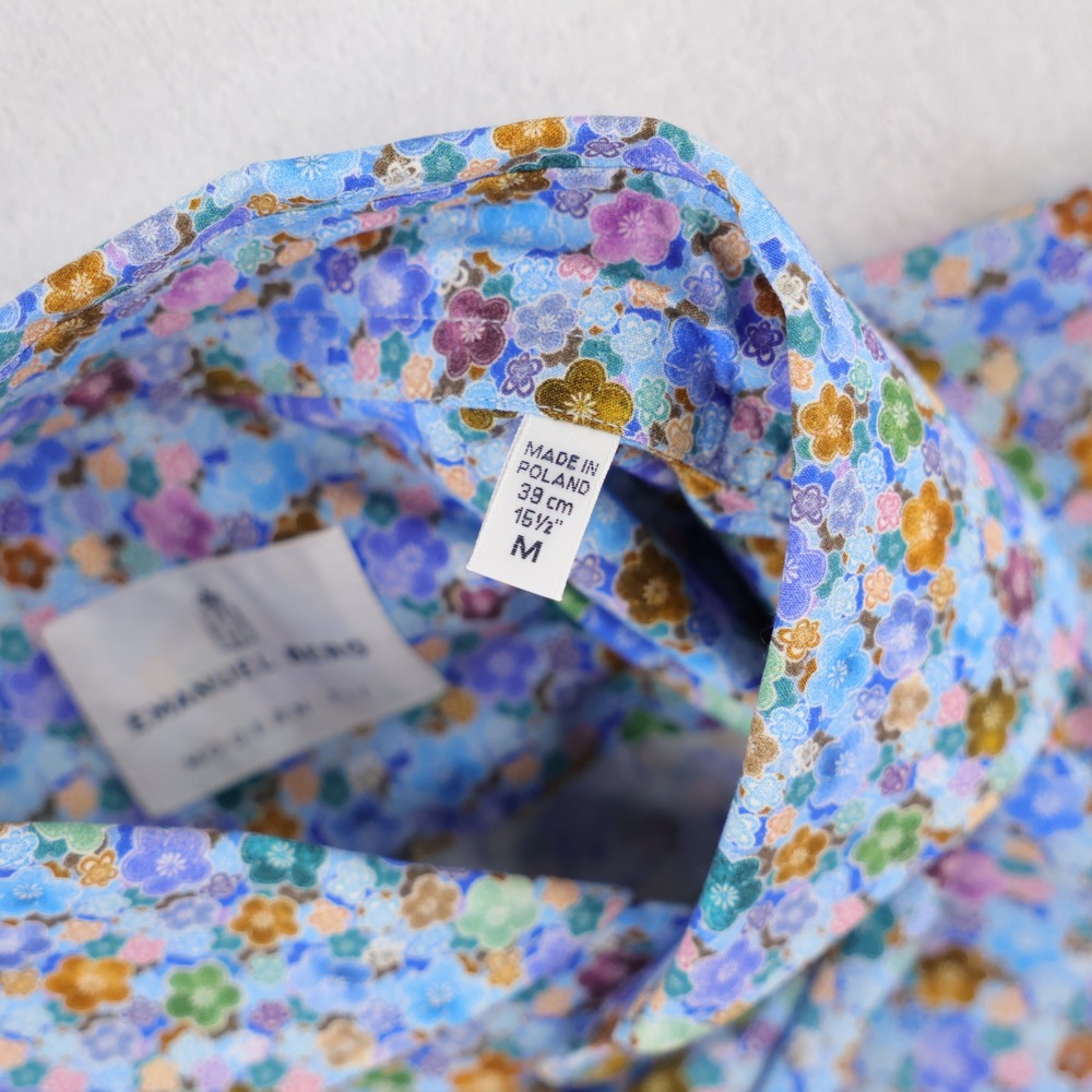 Emanuel Berg Button Down Shirt Mens M 15.5 Blue Floral Modern Fit Long Sleeve - Picture 6 of 12